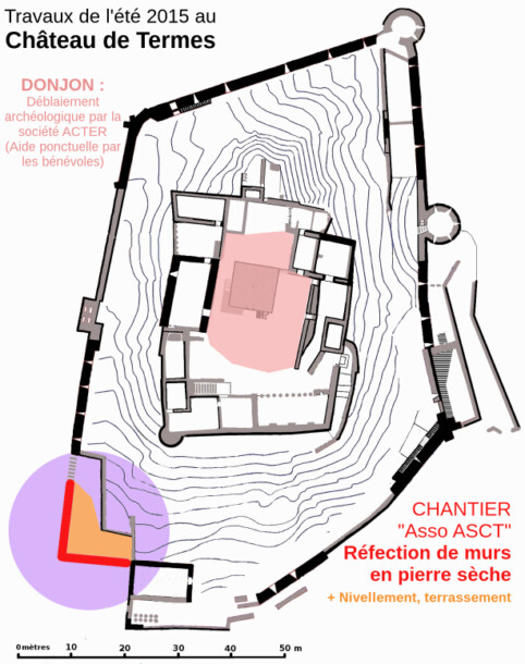 Plan des travaux 2015 au château de Termes. Association ASCT. Pierre sèche, bénévolat REMPART, 2015.